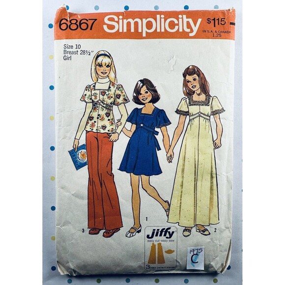 Vtg 70s Simplicity 6867 Jiffy Girls Cottagecore Dress Top Sewing Pattern Sz 10 - Picture 1 of 2